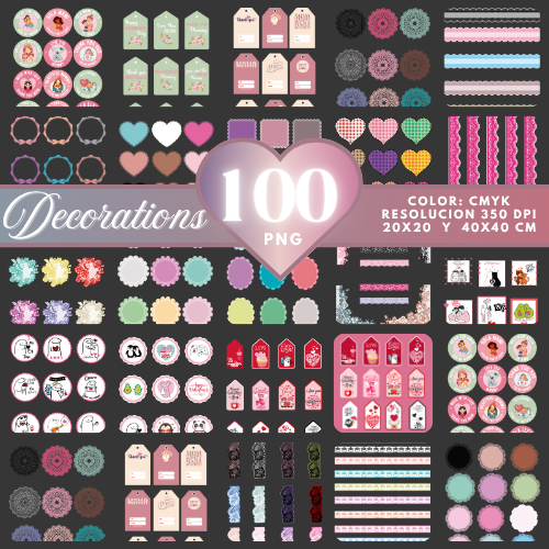 Kit Digital de Etiquetas y Elementos Decorativos – 100 PNG para Imprimir y Personalizar
