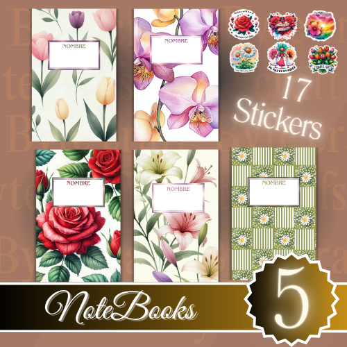 Set Digital de 5 Notebooks Florales + 17 Stickers PNG Versátiles