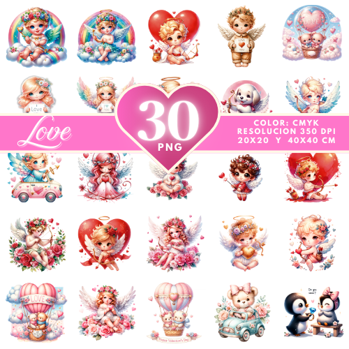 Pack Digital San Valentín: 30 Imágenes PNG de Ángeles y Diseños Románticos para Imprimir