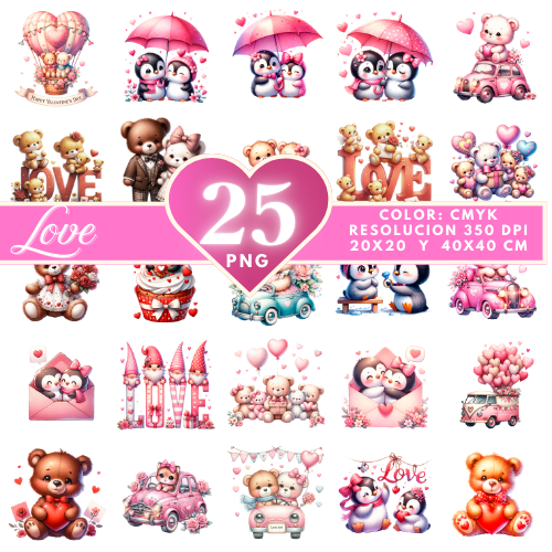 Pack Digital de Imágenes Románticas: 25 Diseños PNG para San Valentín y Amor